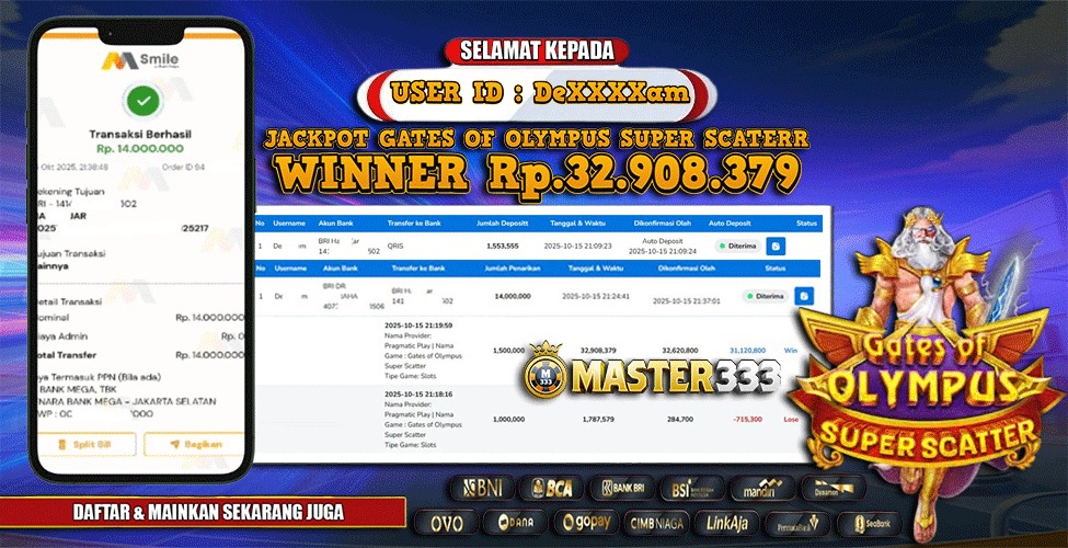 MASTER333 JACKPOT SLOT Gates Of Olympus Super Scatter Rp.32,908,379.,- LUNAS